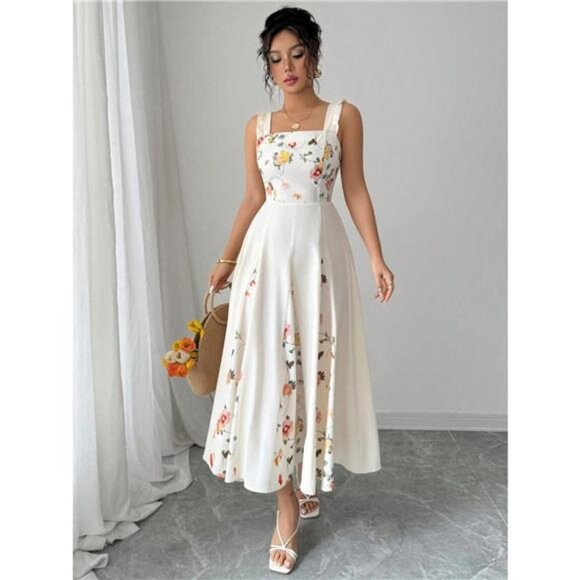 Printed Square Neck Midi Dress - Picture 1 of 7